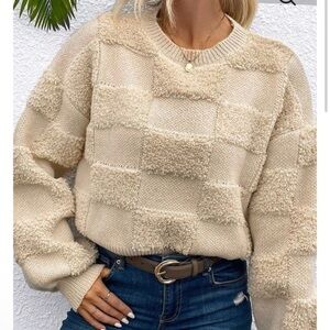 Women’s Cream Tan Checkered Textured Thick Sweater Pattern Winter New M-L